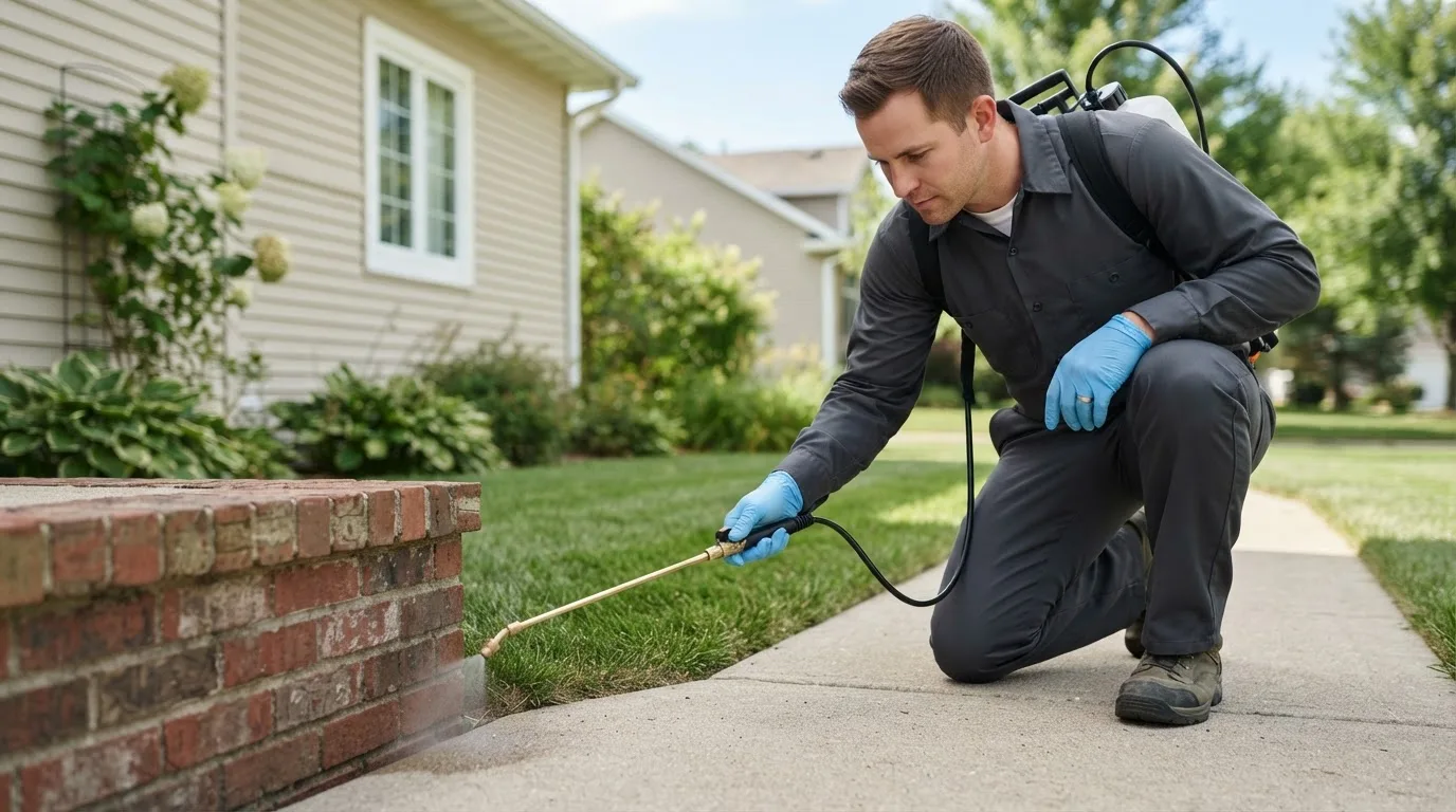 Pest control technician treating a home near Alicia, AR