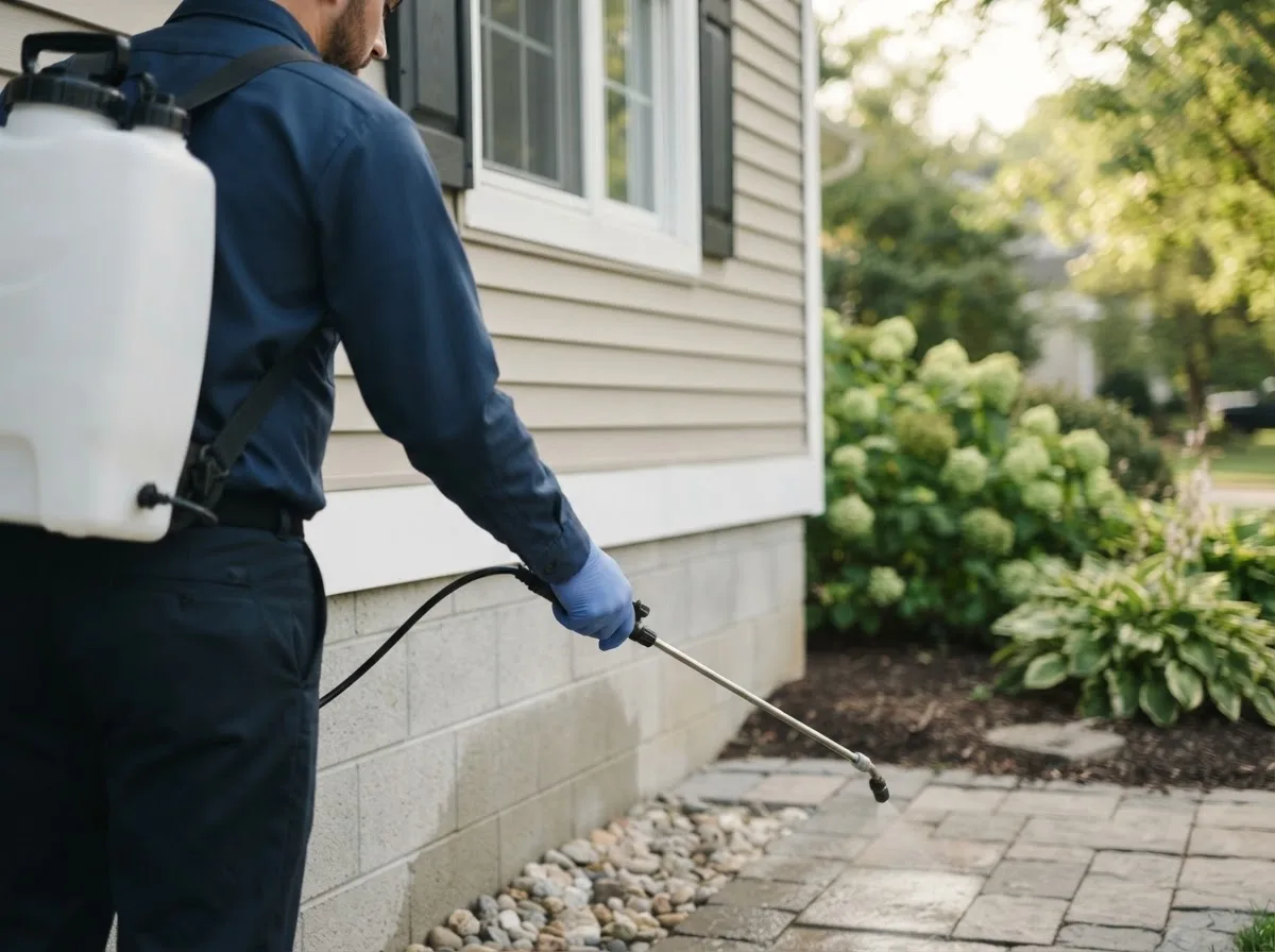 Pest control technician inspecting a home in Alicia, AR